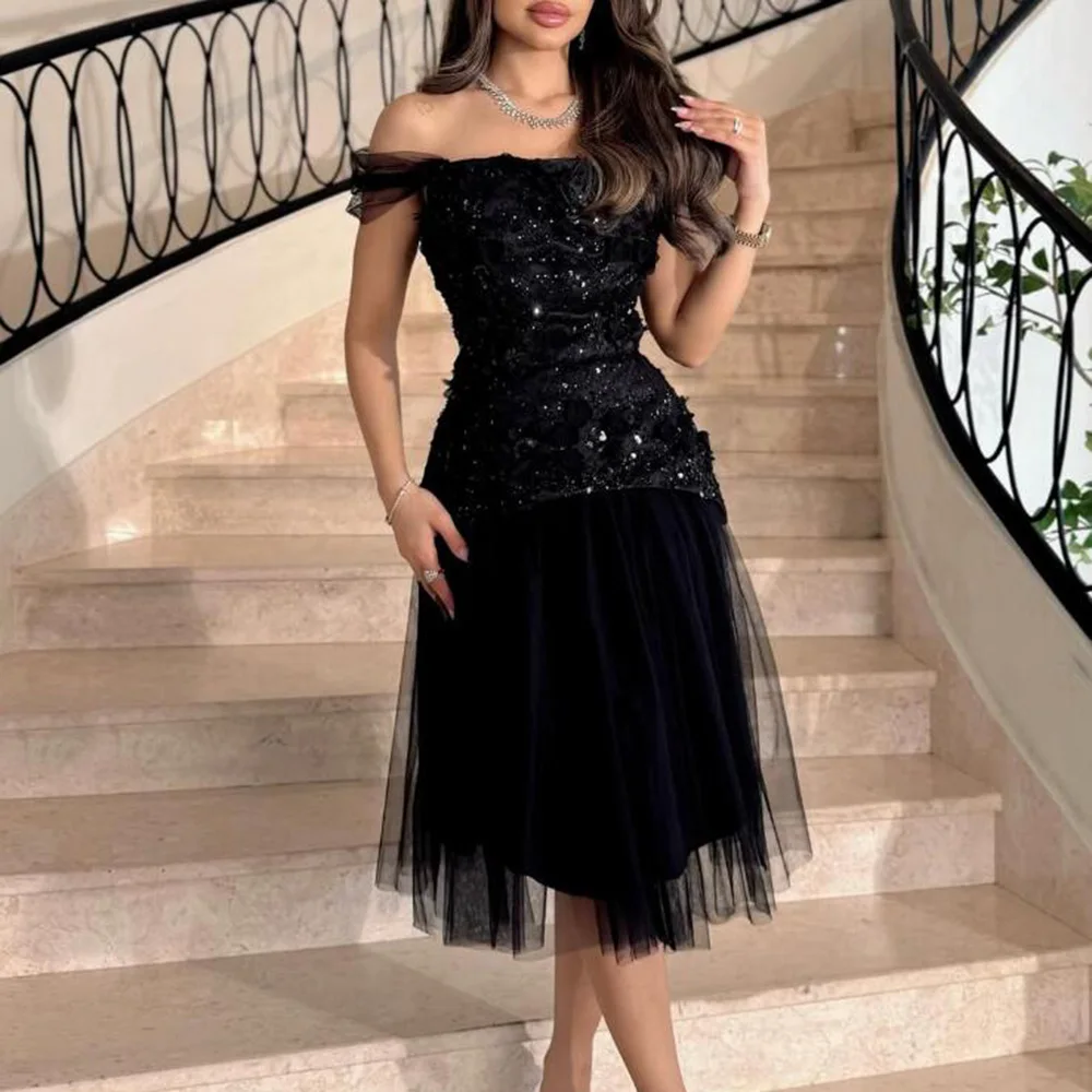 Customized Black A-Line Prom Dresses Tea-Length Boat Neck Sleeveless Evening Dresses Fashion Sequined Flowers Simple Draped
Customized Black A-Line Prom Dresses Tea-Length Boat Neck Sleeveless Evening Dresses Fashion Sequined Flowers Simple Draped
