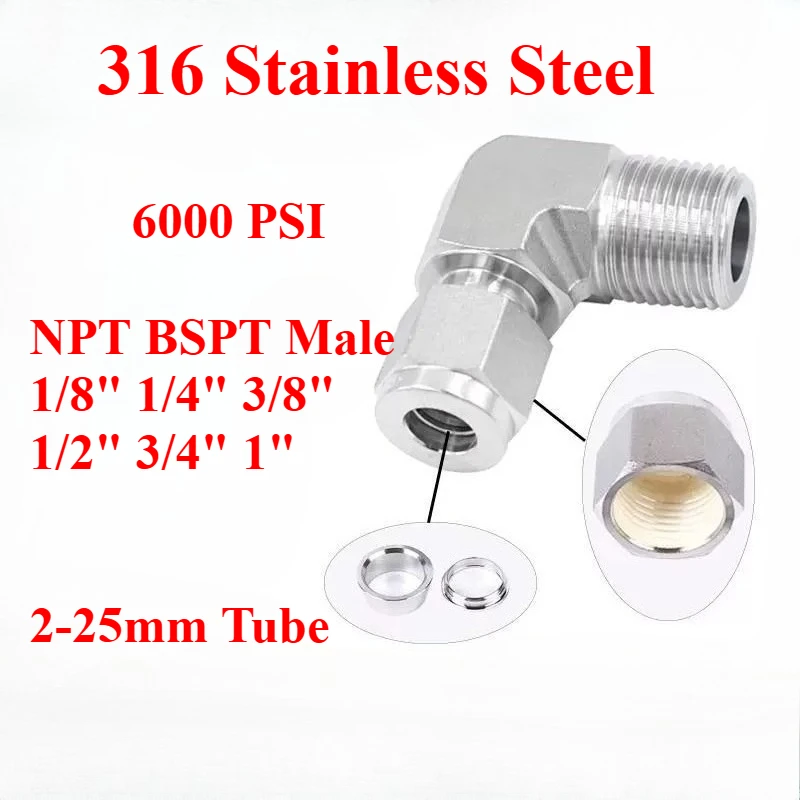 Lab 6000-PSI 90 Degree Elbow 1/8" 1/4" 3/8" 1/2" 3/4" 1" NPT BSPT Male 2-25mm Compression Union 316 Stainless Steel Pipe Fitting
Lab 6000-PSI 90 Degree Elbow 1/8" 1/4" 3/8" 1/2" 3/4" 1" NPT BSPT Male 2-25mm Compression Union 316 Stainless Steel Pipe Fitting