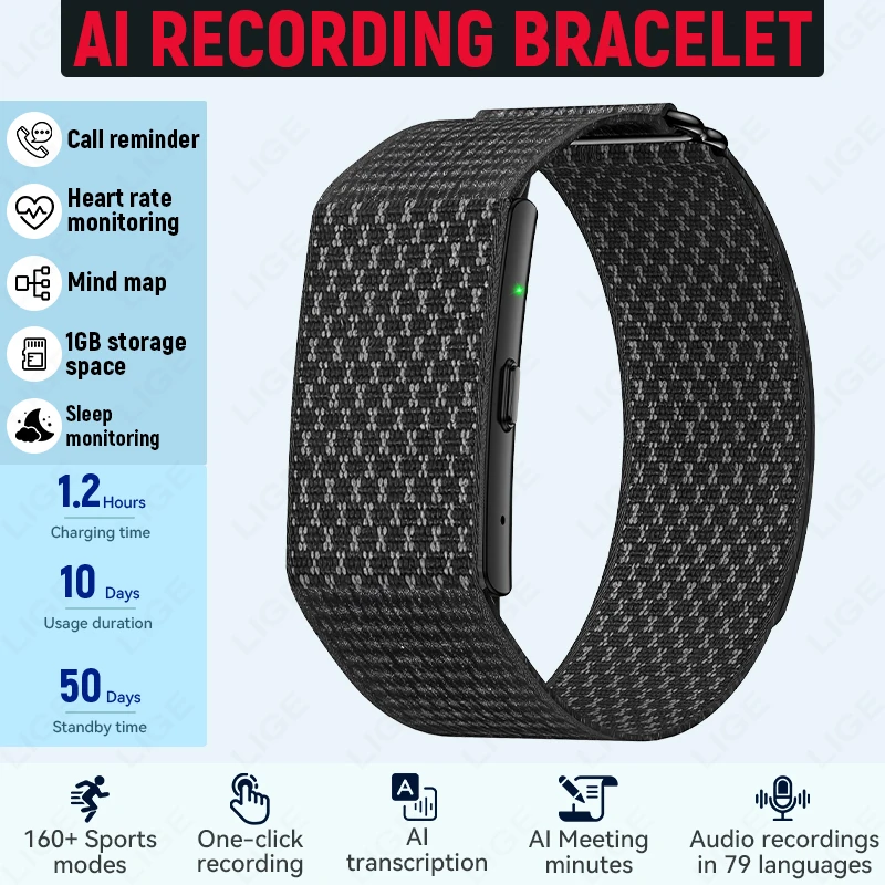 LIGE One-Click AI Recording Bracelet 79 Languages Transcription 160+ Sports Modes 1GB Storage Heart Rate Sleep 50 Days Standby
LIGE One-Click AI Recording Bracelet 79 Languages Transcription 160+ Sports Modes 1GB Storage Heart Rate Sleep 50 Days Standby