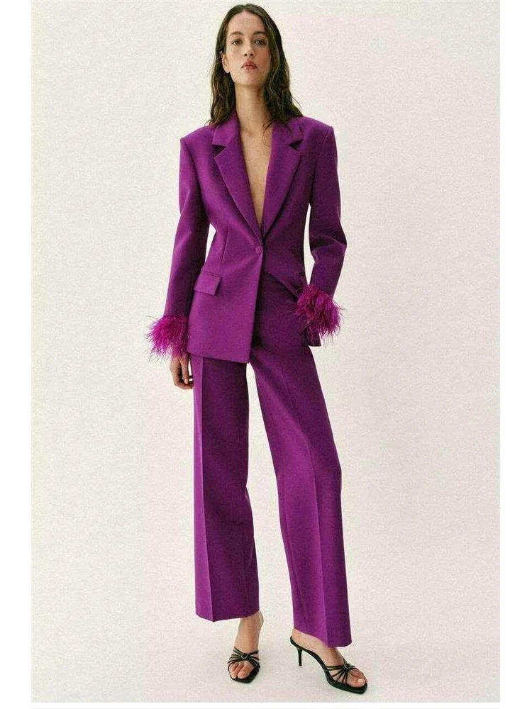 Elegant Feather Cuff Suit Jacket And Straight Leg Pants Set Women's Fashion Workwear Summer Polyester Fiber High Waist
Elegant Feather Cuff Suit Jacket And Straight Leg Pants Set Women's Fashion Workwear Summer Polyester Fiber High Waist