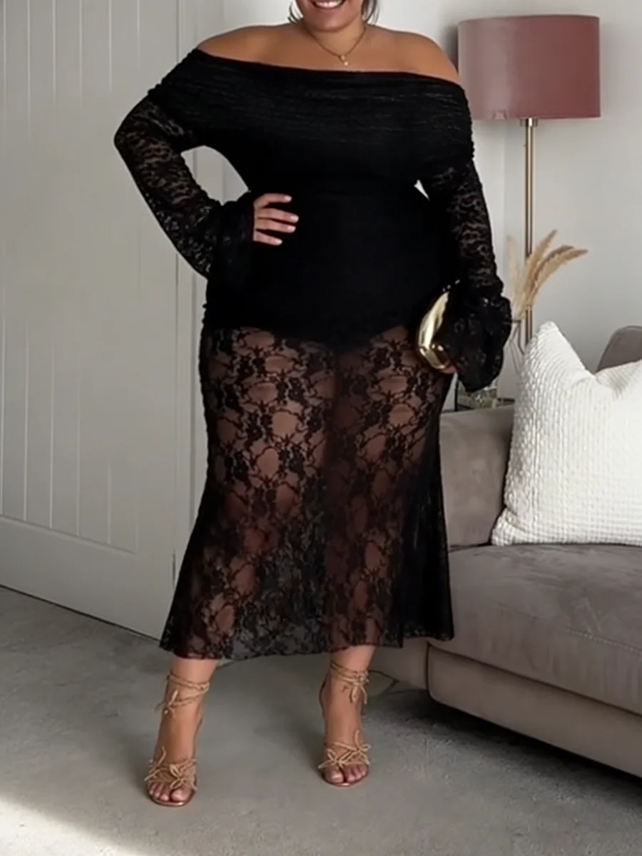 Plus Size Women's Dress Off Shoulder Long Sleeve Soft Lace Sheer Bodycon Midi Dress Sexy Spring Summer Glam Party Stretchy Dress
Plus Size Women's Dress Off Shoulder Long Sleeve Soft Lace Sheer Bodycon Midi Dress Sexy Spring Summer Glam Party Stretchy Dress