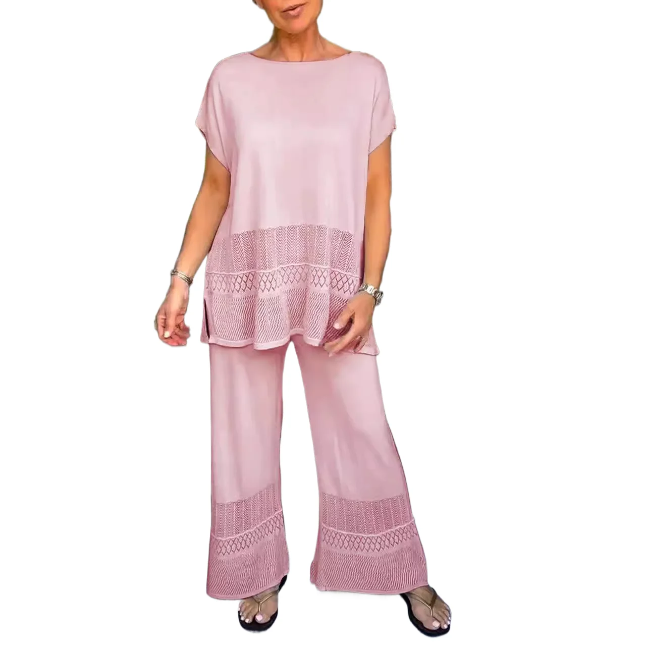 Loose Casual Two Piece Set Fashion O-neck Short Sleeve Hollow Side Split Pullover High Waist Wide Leg Pants Set For Women
Loose Casual Two Piece Set Fashion O-neck Short Sleeve Hollow Side Split Pullover High Waist Wide Leg Pants Set For Women