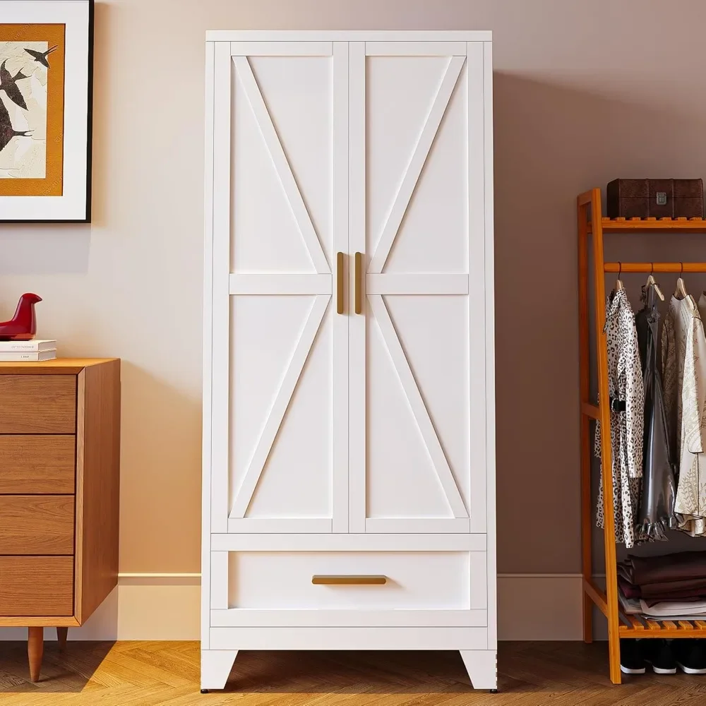 71'' Farmhouse Metal Wardrobe Cabinet with Hanging Rod, 2 Barn Door Wardrobe Closet with Adjustable Shelves,Drawer
71'' Farmhouse Metal Wardrobe Cabinet with Hanging Rod, 2 Barn Door Wardrobe Closet with Adjustable Shelves,Drawer