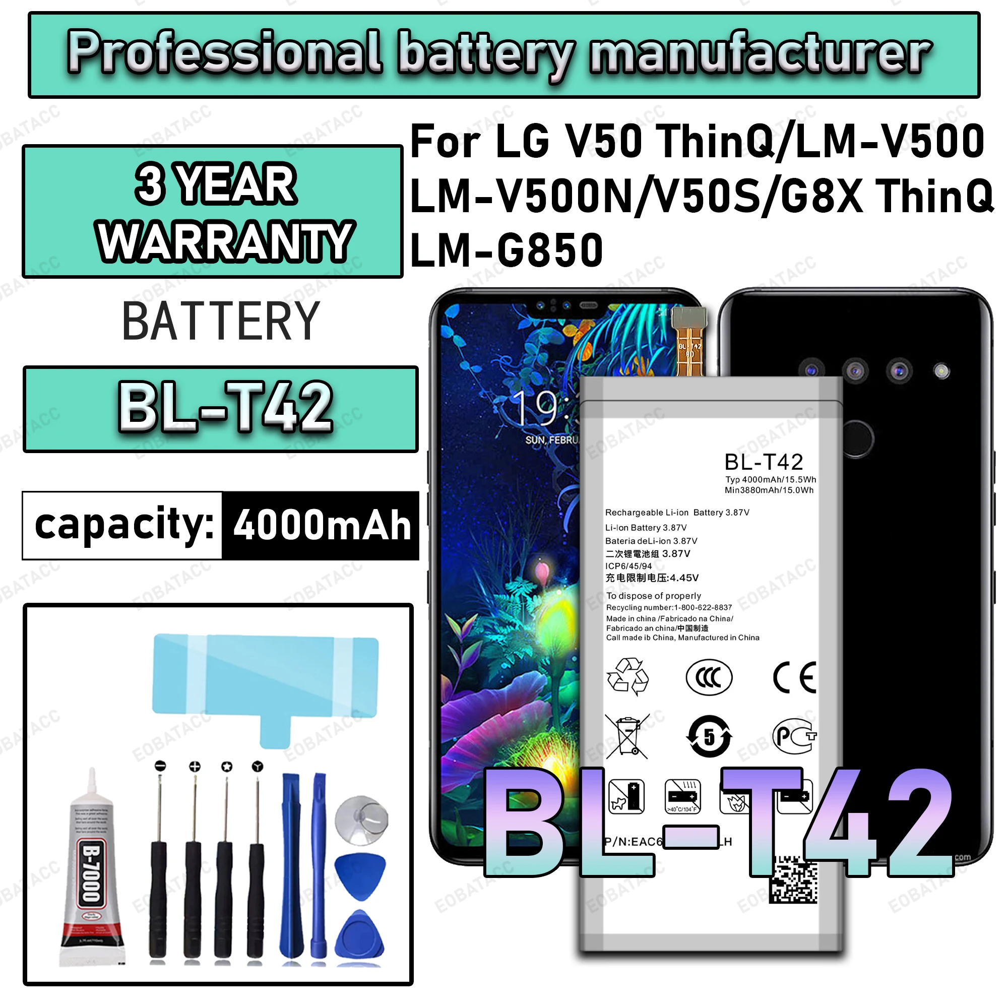 100% New Zero Cycle BL-T42 Battery For LG V50 ThinQ/LM-V500/LM-V500N/V50S/G8X ThinQ/LM-G850 Replacement Bateria +Free Tools
100% New Zero Cycle BL-T42 Battery For LG V50 ThinQ/LM-V500/LM-V500N/V50S/G8X ThinQ/LM-G850 Replacement Bateria +Free Tools