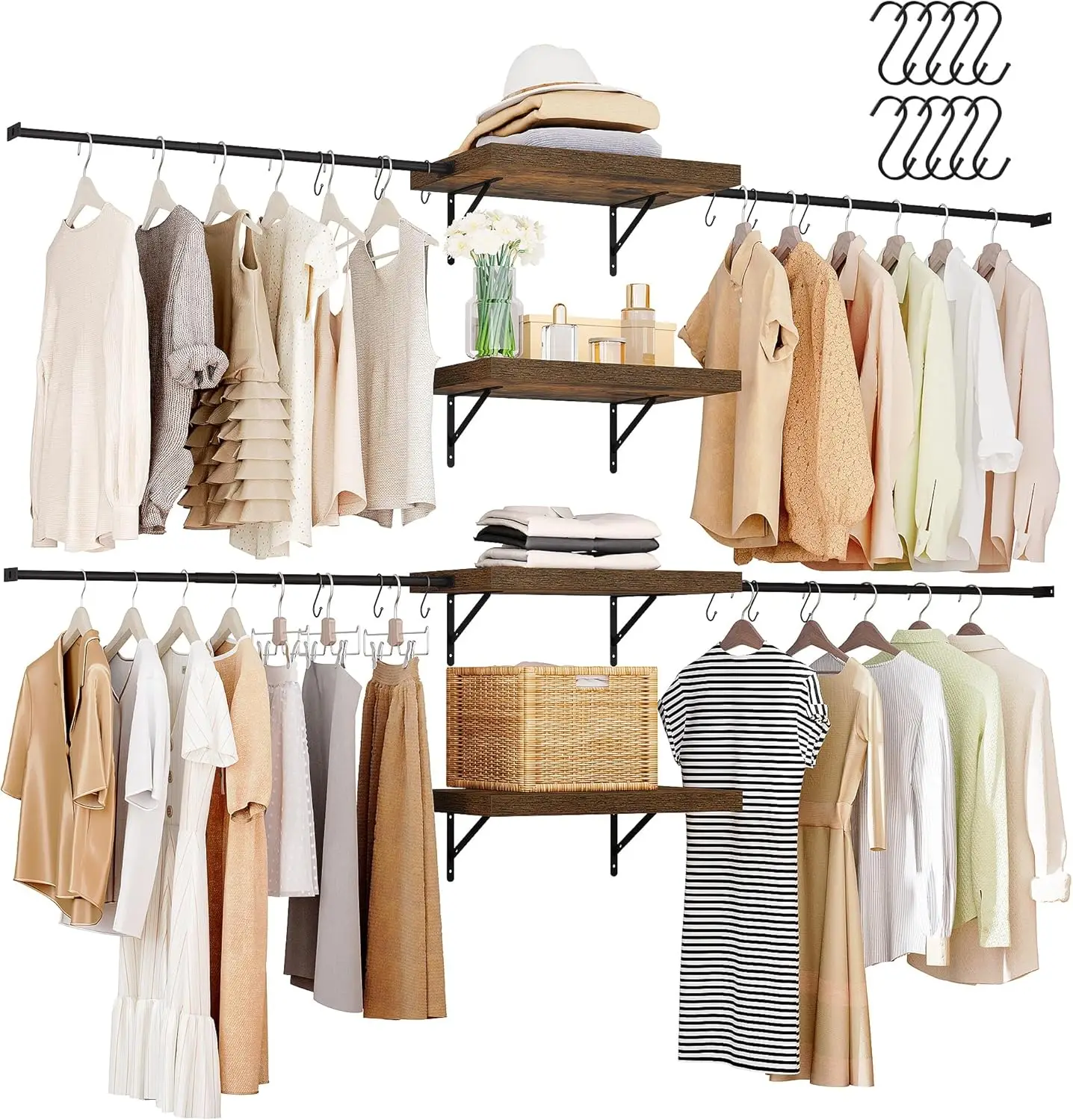 Closet Organizer System, Wall-Mounted Garment Rack Walk In Closet System, 4 Expandable Hanger Rods 4-Tier Wood Closet Storage Sh