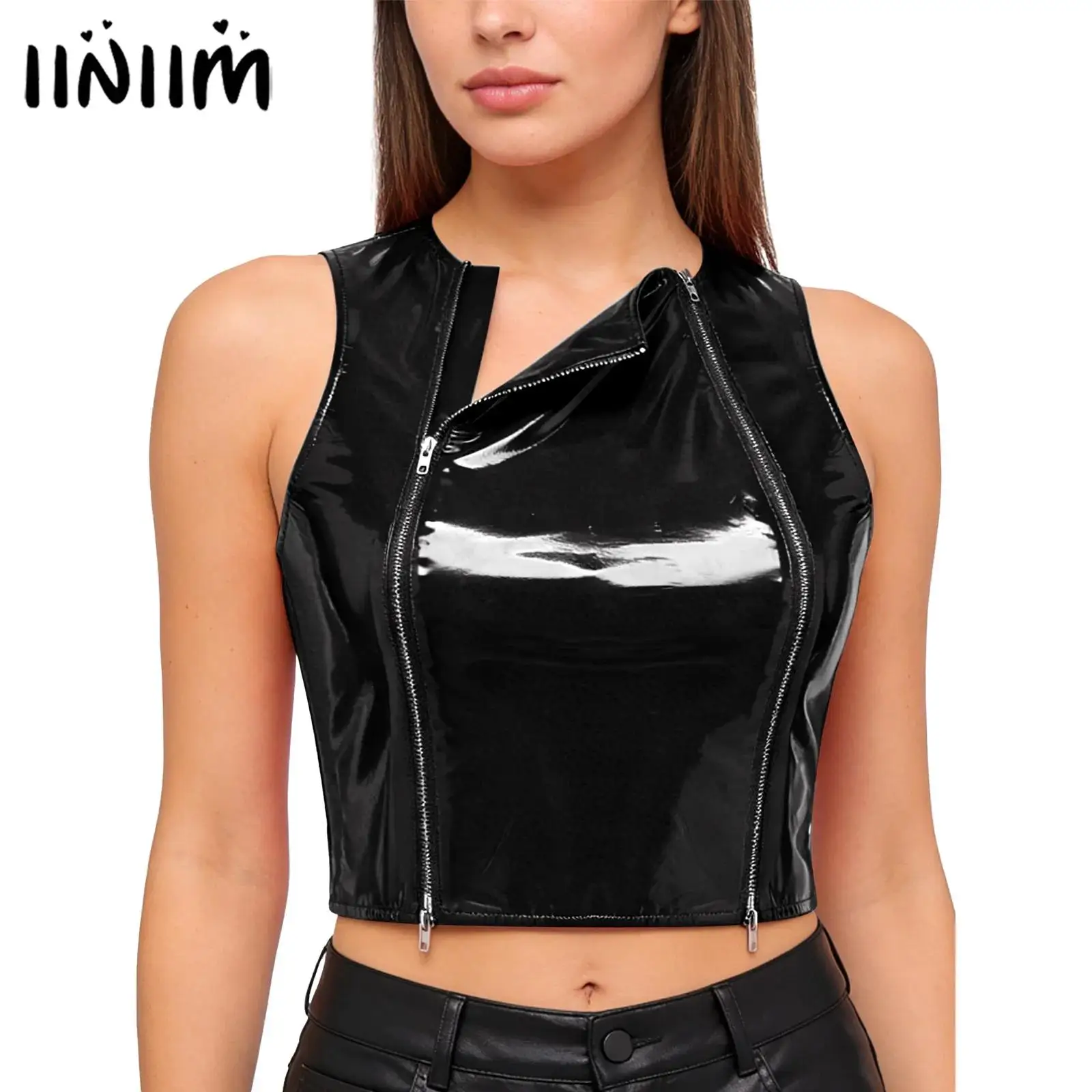 Womens Slim-fit Glossy Tank Top Front Dual Zippers Sleeveless Cropped Vest Rave Party Clubwear Wet Look PU Leather Crop Top
Womens Slim-fit Glossy Tank Top Front Dual Zippers Sleeveless Cropped Vest Rave Party Clubwear Wet Look PU Leather Crop Top