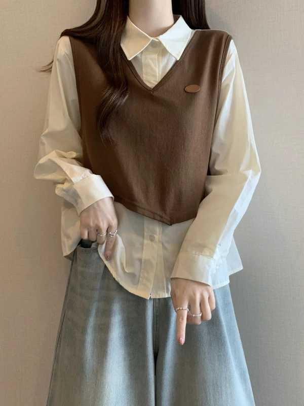 Fashionable Fake Two-Piece Set Shirt Vest Women Spring Autumn plus Size Design Sense Top Stylish Small Shirt Casual Loose Fit
Fashionable Fake Two-Piece Set Shirt Vest Women Spring Autumn plus Size Design Sense Top Stylish Small Shirt Casual Loose Fit