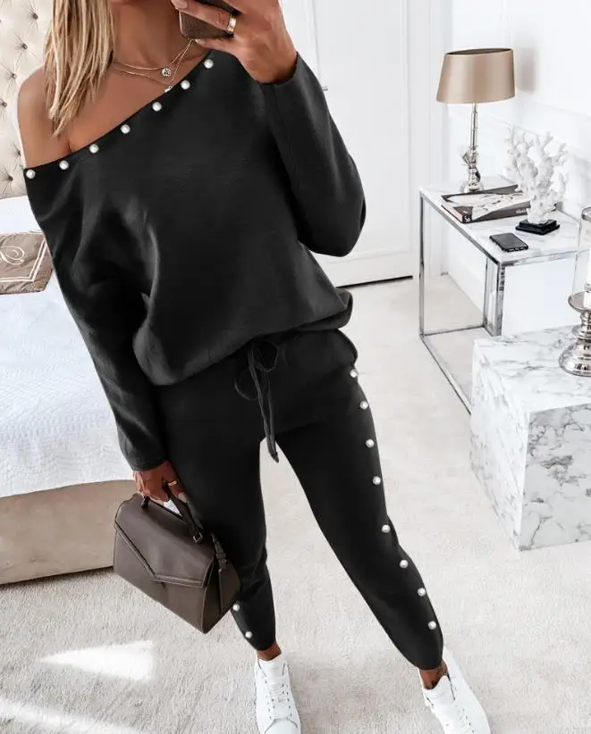 Women's Sets Clothes Cold Shoulder Beaded Top & Drawstring Pants Set New Fashion Autumn Two Piece Suit Outfits for Women
Women's Sets Clothes Cold Shoulder Beaded Top & Drawstring Pants Set New Fashion Autumn Two Piece Suit Outfits for Women