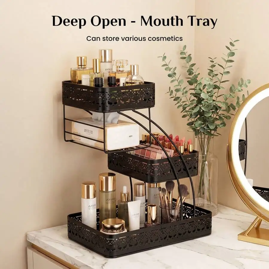 3-Tier Metal Cosmetic Organizer With Deep Open Mouth Trays For Vanity Or Bathroom
3-Tier Metal Cosmetic Organizer With Deep Open Mouth Trays For Vanity Or Bathroom