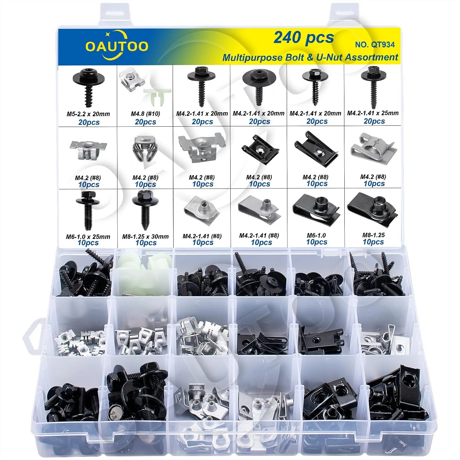 240pcs Body Bolt & U-Nut Kit Assortment for GM Ford Chrysler, 19 Sizes Multipurpose Fasteners
240pcs Body Bolt & U-Nut Kit Assortment for GM Ford Chrysler, 19 Sizes Multipurpose Fasteners