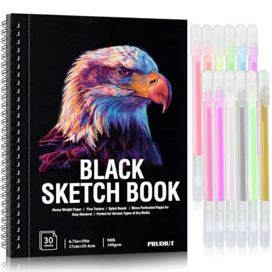 30 Sheets Black Paper Sketchbook with 12 Color Gel Pen Set, 98lb/160gsm Heavyweight Black Sketch Pad 6.7×10in, Acid-Free Drawin
30 Sheets Black Paper Sketchbook with 12 Color Gel Pen Set, 98lb/160gsm Heavyweight Black Sketch Pad 6.7×10in, Acid-Free Drawin