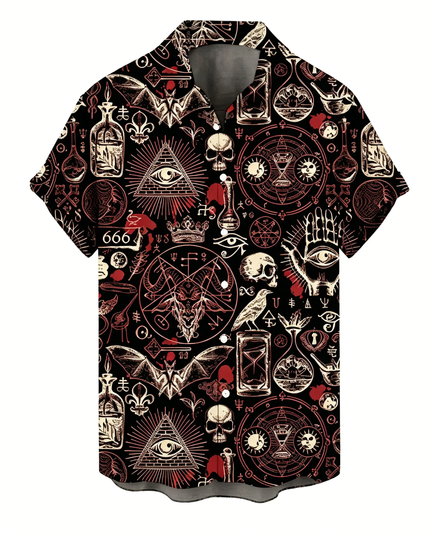Men's Spring Summer Lapel Shirt, Black Occult Symbol Skull Bat Print Casual Tops for Daily Street Vacation Outfit
Men's Spring Summer Lapel Shirt, Black Occult Symbol Skull Bat Print Casual Tops for Daily Street Vacation Outfit