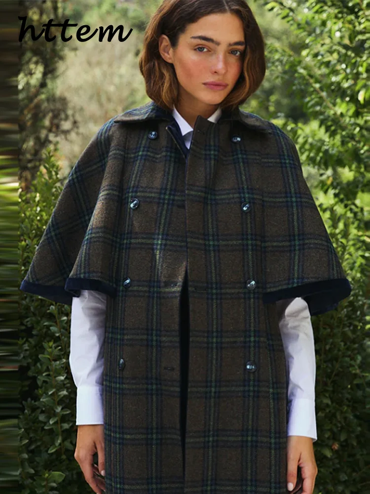 Винтажное длинное пальто в клетку, женское двубортное шерстяное пальто с лацканами и рукавами «летучая мышь», осень 202, женская шикарная верхняя одежда для поездок на работу
