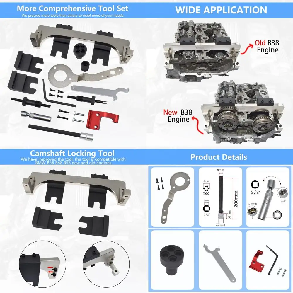 Camshaft Locking Tool Kit, Compatible with BMW B36 B37 B38 B46 B47 B48 B58 Engine, BMW Mini F20 F21 F30 F31 F48 F54 F55 F60 G20
Camshaft Locking Tool Kit, Compatible with BMW B36 B37 B38 B46 B47 B48 B58 Engine, BMW Mini F20 F21 F30 F31 F48 F54 F55 F60 G20