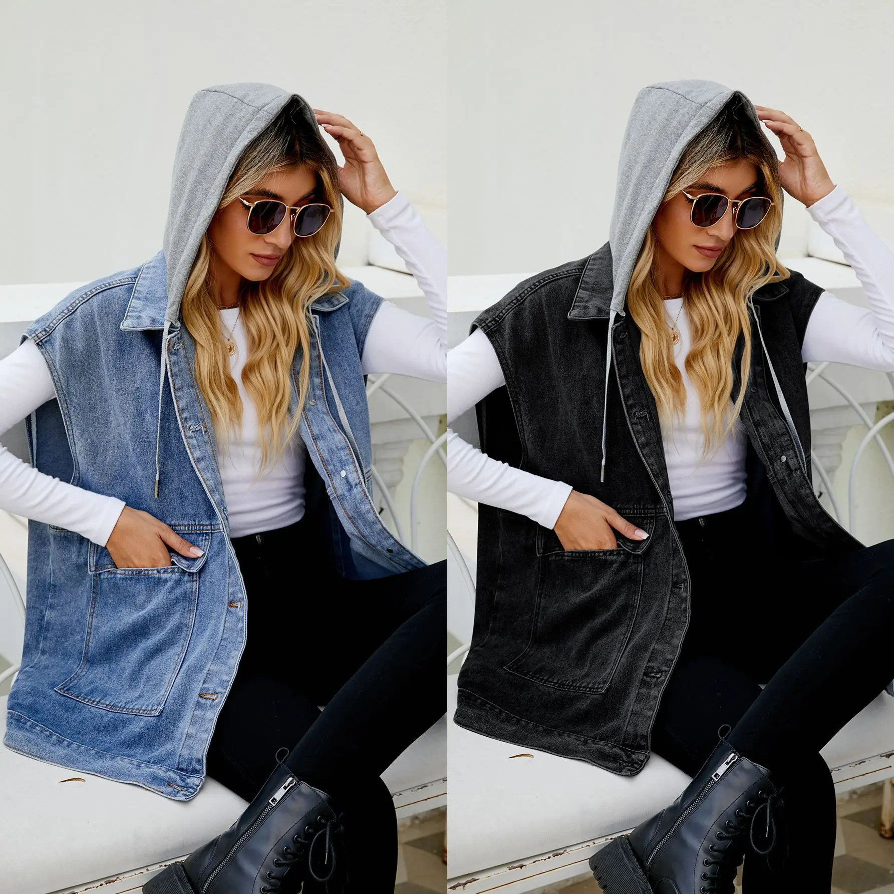 Europe and the United States new denim vest tank top women's fashion trend denim sleeveless vest hooded detachable.
Europe and the United States new denim vest tank top women's fashion trend denim sleeveless vest hooded detachable.