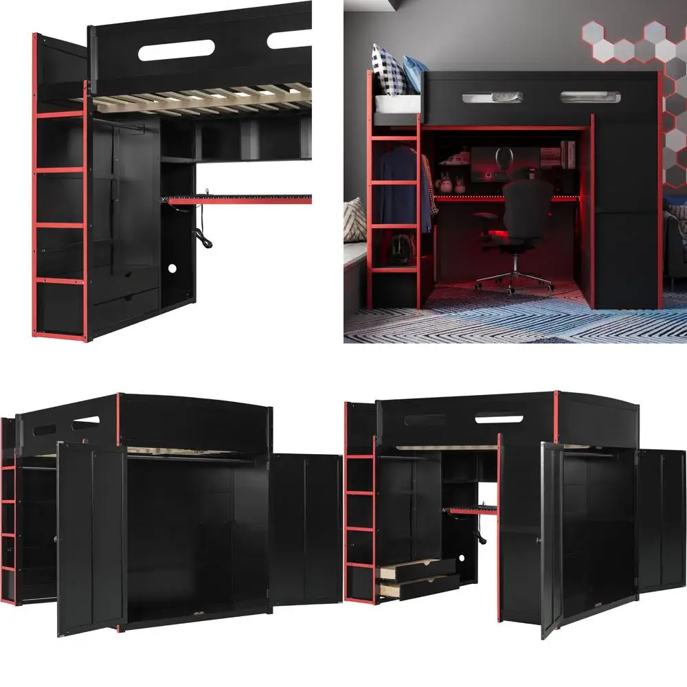 Full-Size Gaming Loft Bed with Desk, Storage, Wardrobe, LED Lights & USB Ports, Suitable for Kids, Teens, and Adults, Red and Bl
Full-Size Gaming Loft Bed with Desk, Storage, Wardrobe, LED Lights & USB Ports, Suitable for Kids, Teens, and Adults, Red and Bl