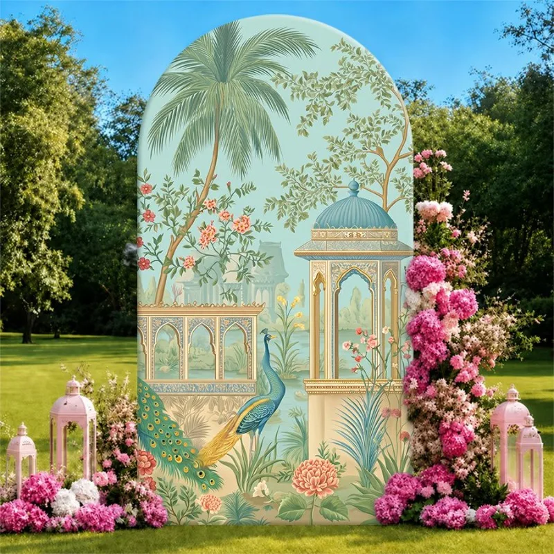 Single Side Arch Backdrop Cover Elegant Tropical Garden Backdrop with Peacock Palm and Gazebo Design for Wedding or Luxury Party
Single Side Arch Backdrop Cover Elegant Tropical Garden Backdrop with Peacock Palm and Gazebo Design for Wedding or Luxury Party
