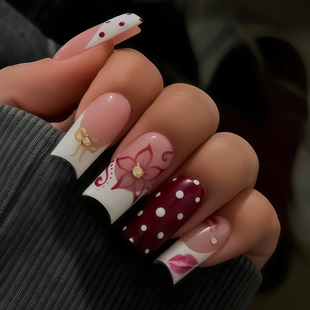 24PCS Square Press on Nails Pink White French Tip Red Polka Dot Flower Bow Lip Print Sweet Cool Y2K Style Reusable False Nails
24PCS Square Press on Nails Pink White French Tip Red Polka Dot Flower Bow Lip Print Sweet Cool Y2K Style Reusable False Nails