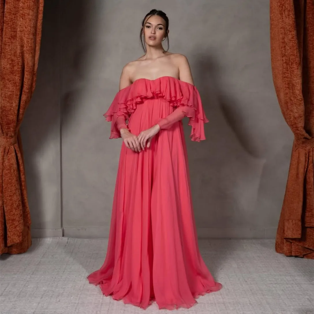 Customized Long Boat Neck Evening Dresses Ruffles A-Line Chiffon Pleats فساتين سهرة Watteau Train Prom Dress for Women
Customized Long Boat Neck Evening Dresses Ruffles A-Line Chiffon Pleats فساتين سهرة Watteau Train Prom Dress for Women
