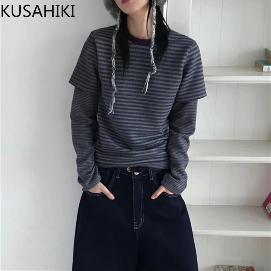 KUSAHIKI Street Color Blocking Retro Striped Fake Two Pieces Short Slimming Korean Versatile Casual Long Sleeved T-shirt Top
KUSAHIKI Street Color Blocking Retro Striped Fake Two Pieces Short Slimming Korean Versatile Casual Long Sleeved T-shirt Top