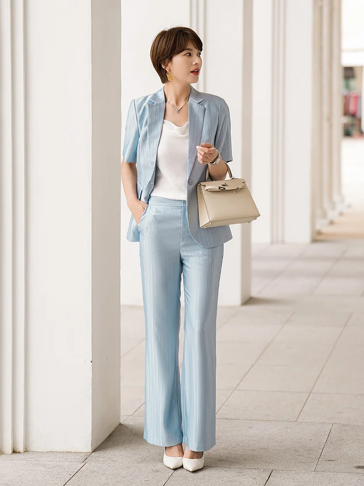 Blue Striped Short Sleeve Suit Set Women's Casual Thin Summer New Professional Clothing Jiang Feifei Brand Fashion Set
Blue Striped Short Sleeve Suit Set Women's Casual Thin Summer New Professional Clothing Jiang Feifei Brand Fashion Set