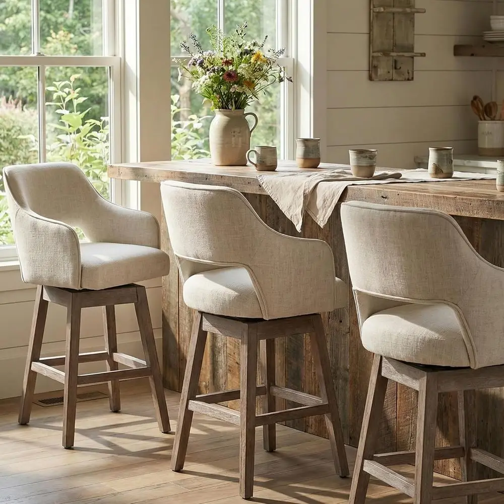 Set of 3 27 Counter Height Swivel Bar Stools with Backrest and Wood Legs, Beige Linen Upholstered for Home Pub/Kitchen Island
Set of 3 27 Counter Height Swivel Bar Stools with Backrest and Wood Legs, Beige Linen Upholstered for Home Pub/Kitchen Island