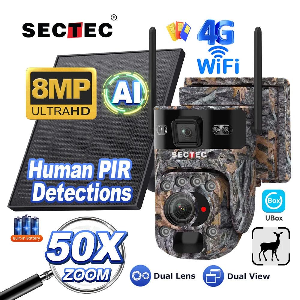Sectec 8MP 50X Camouflage Hunting 4G Wifi Tracking Outdoor IP Network Solar Battery Hunting Surveillance Wild Trail Game Camera
Sectec 8MP 50X Camouflage Hunting 4G Wifi Tracking Outdoor IP Network Solar Battery Hunting Surveillance Wild Trail Game Camera