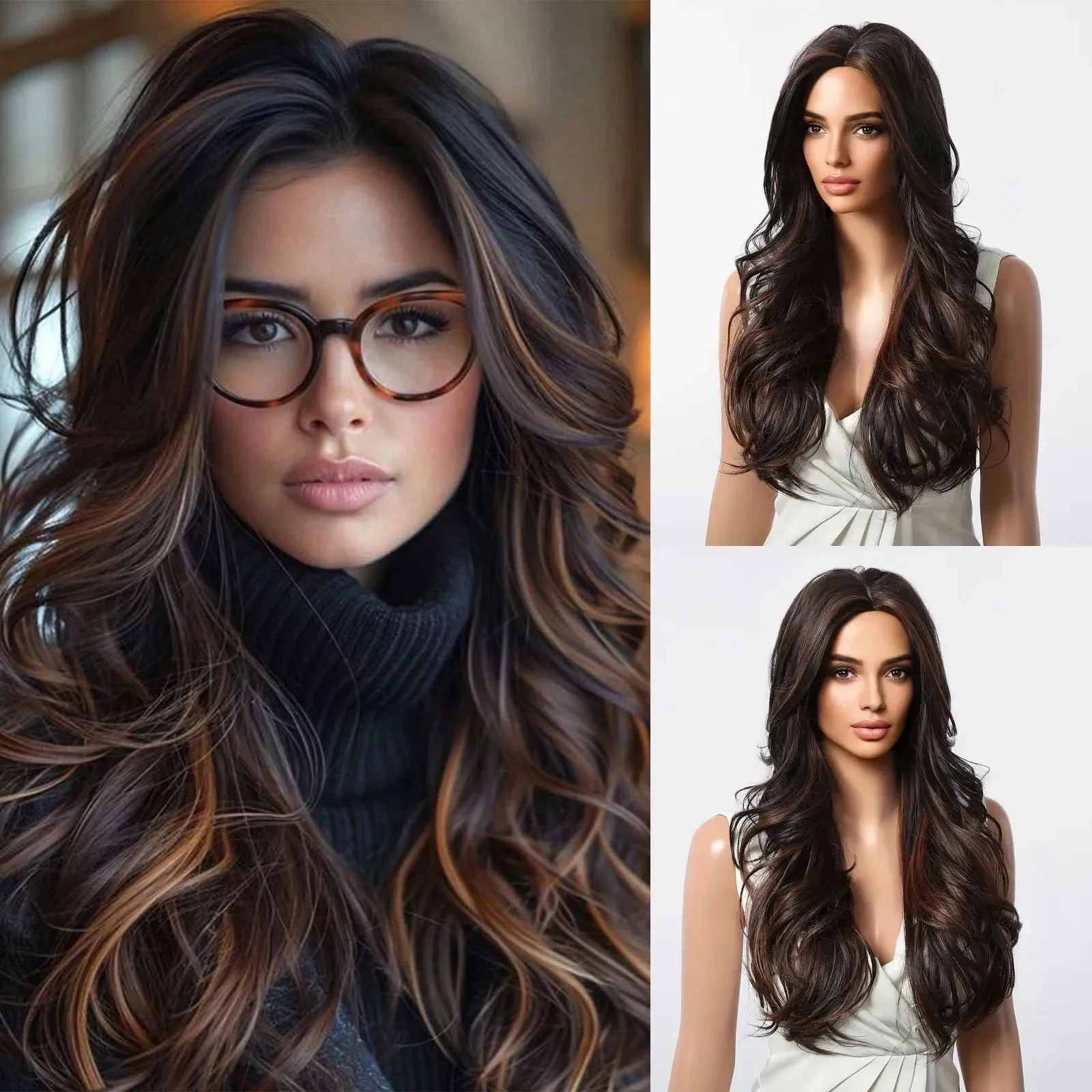 Long Curly Synthetic Wigs for Women Dark Brown With Blonde Highlights Hair Wigs 
Long Curly Synthetic Wigs for Women Dark Brown With Blonde Highlights Hair Wigs