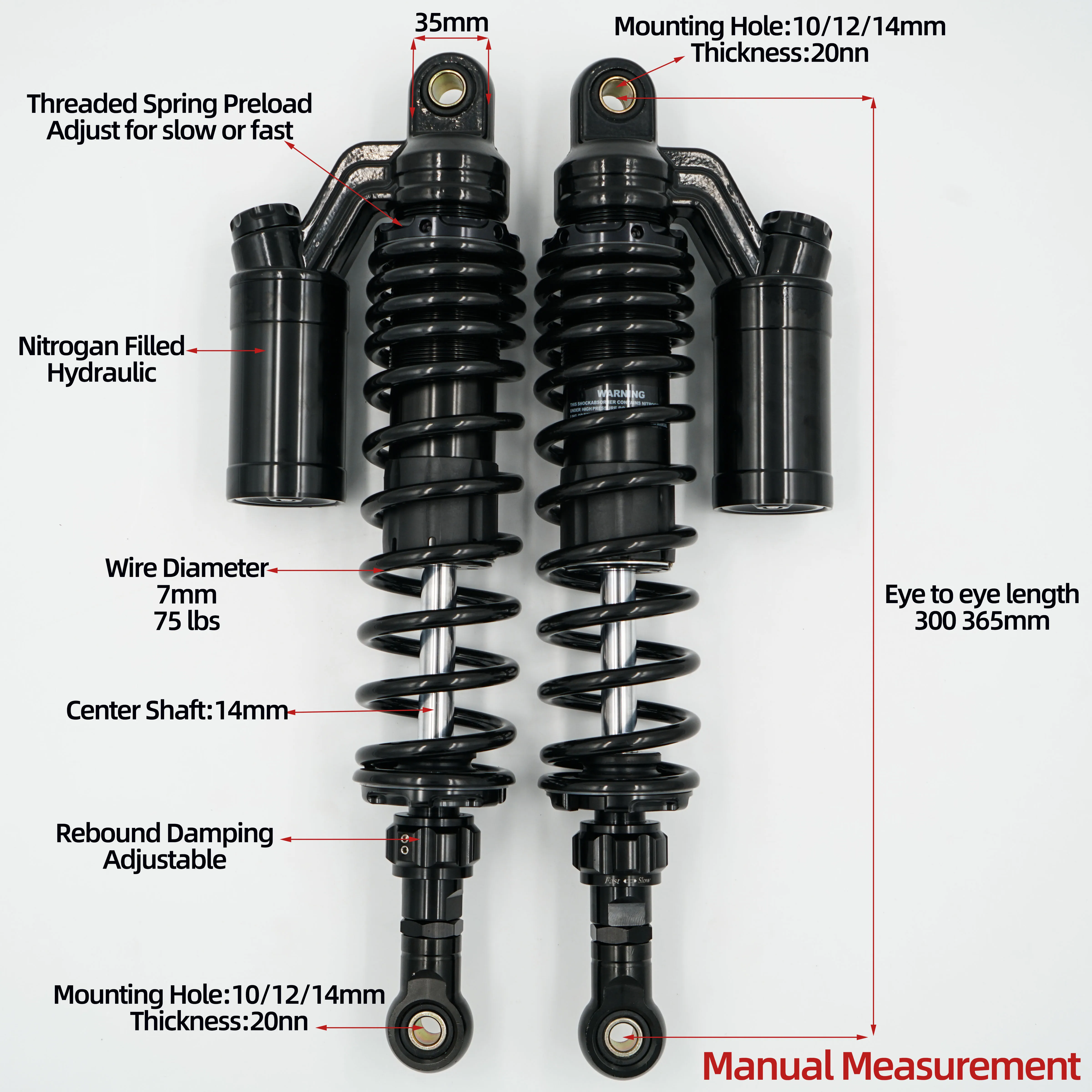 Mounting Hole 300mm 365mm rear shocks for Yamaha GT150/Longjia XDV250/30/ Honda NS150LA/ CGX150/CG125/CM125 /GN125/ AE4/AE5i/AE8
Mounting Hole 300mm 365mm rear shocks for Yamaha GT150/Longjia XDV250/30/ Honda NS150LA/ CGX150/CG125/CM125 /GN125/ AE4/AE5i/AE8