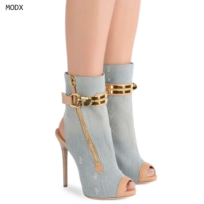 2026 Women Denim Distressed Open Toe Stiletto Heel Ankle Boots with Gold Buckle Zipper Detail for Party Club Summer Fashion
2026 Women Denim Distressed Open Toe Stiletto Heel Ankle Boots with Gold Buckle Zipper Detail for Party Club Summer Fashion