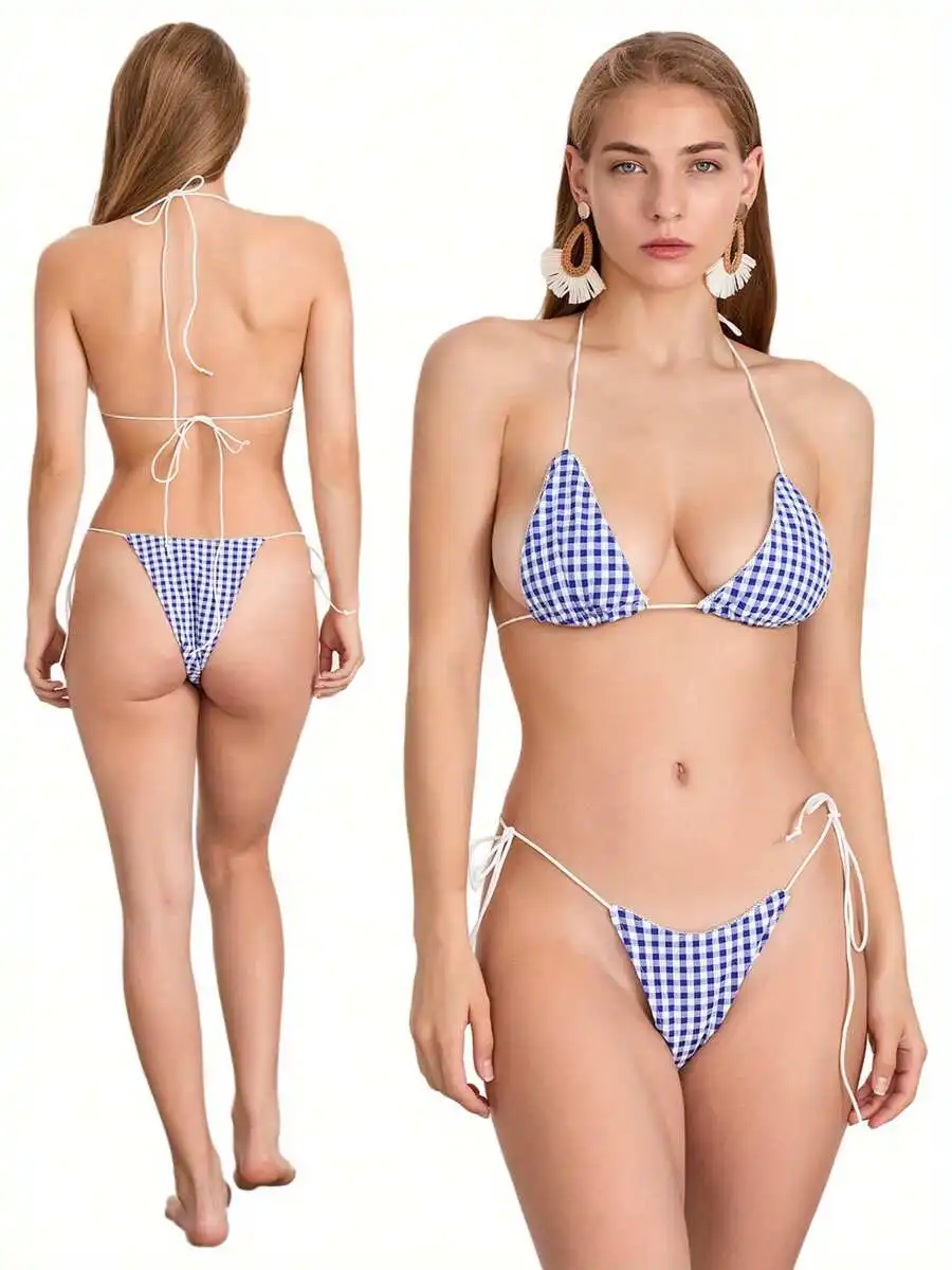 Women Plaid Print Halter Bikini Set Tie-Up Low Waist Thong Swimsuit
Women Plaid Print Halter Bikini Set Tie-Up Low Waist Thong Swimsuit
