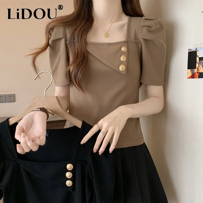 Summer Casual Fashion Chic Buttons Oversized Ladies Puff Short Sleeve Loose All-match Solid Color Top Women Vintage Pullover Tee
Summer Casual Fashion Chic Buttons Oversized Ladies Puff Short Sleeve Loose All-match Solid Color Top Women Vintage Pullover Tee