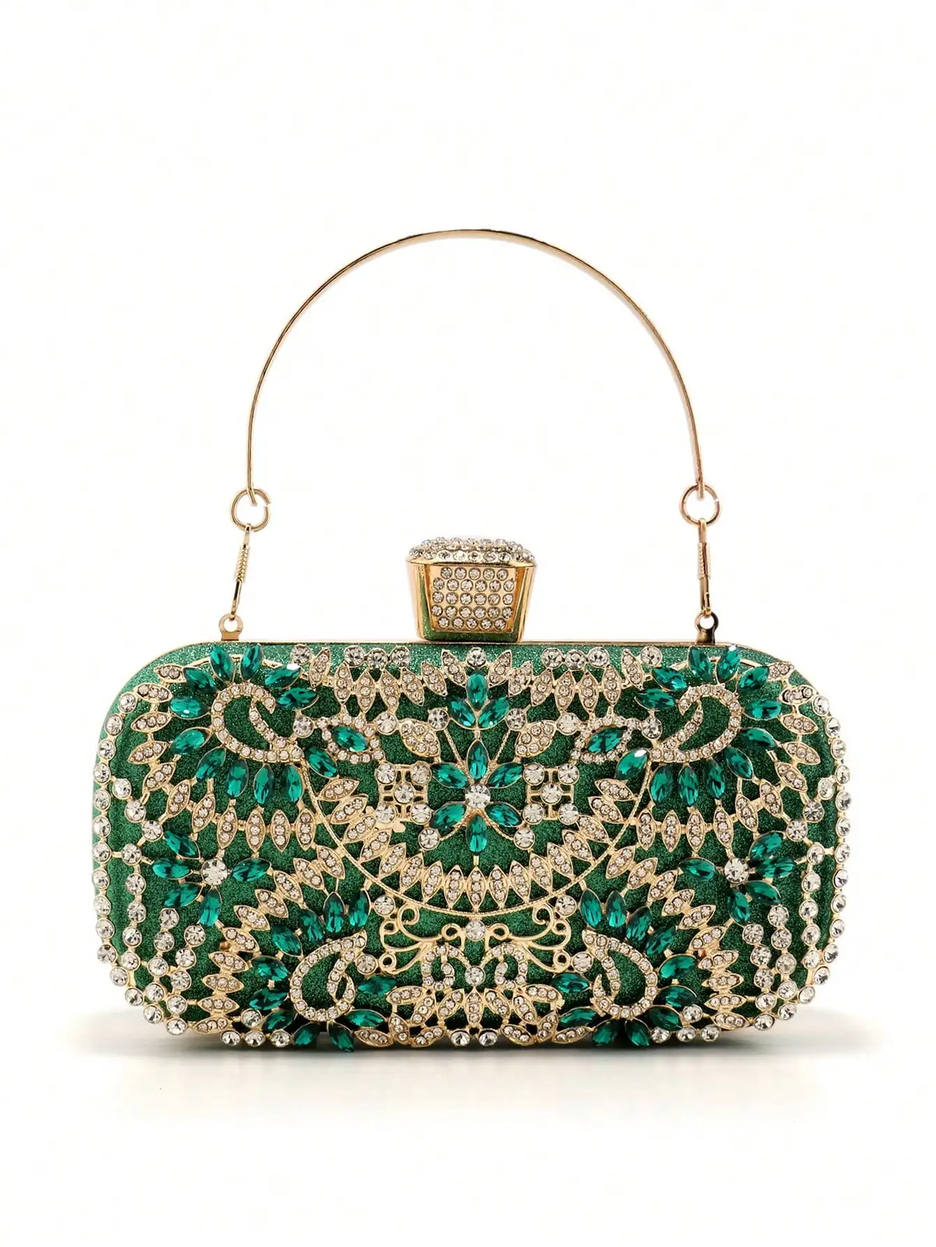 Emerald Green Rhinestone Embellished Metal Frame Evening Clutch with Handle
Emerald Green Rhinestone Embellished Metal Frame Evening Clutch with Handle