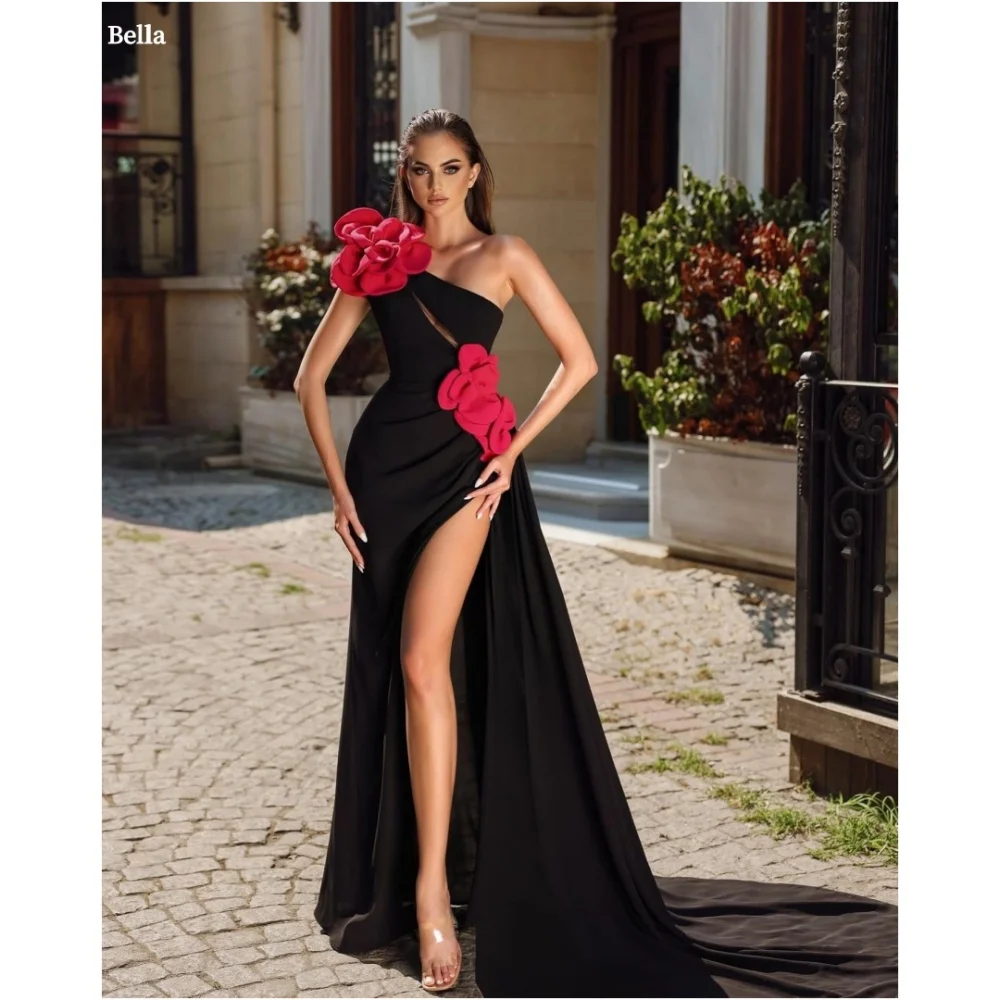 Bella Customized Black 3D Flowers Slanted Shoulders robes de soirée Chiffon Side Slit Party Dresses Floor-Length Prom Dress 2025
Bella Customized Black 3D Flowers Slanted Shoulders robes de soirée Chiffon Side Slit Party Dresses Floor-Length Prom Dress 2025