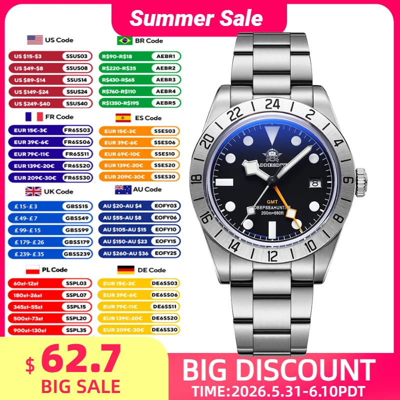 ADDIESDIVE 39mm Men's GMT Quartz Watch 200m Waterproof Dual Time Zone Watches BGW9 Luminous Bubble Glass 316L Steel reloj hombre
ADDIESDIVE 39mm Men's GMT Quartz Watch 200m Waterproof Dual Time Zone Watches BGW9 Luminous Bubble Glass 316L Steel reloj hombre