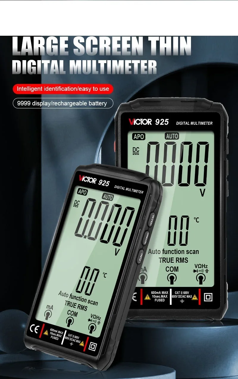 925 9999 Large LCD Display With NCV 600v 600mA With Sechargable Battery Super Thin Digital Smart Multimeter
925 9999 Large LCD Display With NCV 600v 600mA With Sechargable Battery Super Thin Digital Smart Multimeter