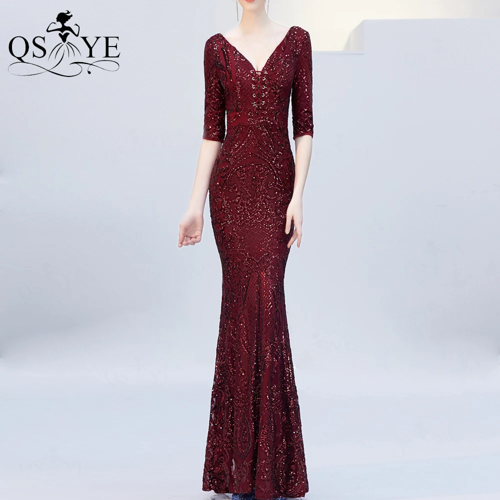 Burgundy Mermaid Evening Dress Long Sleeves Sequin Prom Gown Lacing V Neck Flower Pattern Lace Open Split Back Women Formal Gown
Burgundy Mermaid Evening Dress Long Sleeves Sequin Prom Gown Lacing V Neck Flower Pattern Lace Open Split Back Women Formal Gown