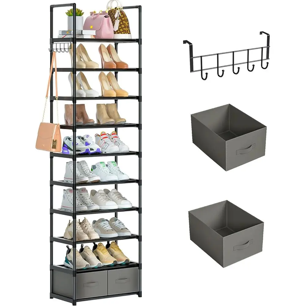 10-Tier Narrow Shoe Rack for 20-25 Pairs, Metal Storage Organizer with 2 Boxes and 1 Hook
10-Tier Narrow Shoe Rack for 20-25 Pairs, Metal Storage Organizer with 2 Boxes and 1 Hook