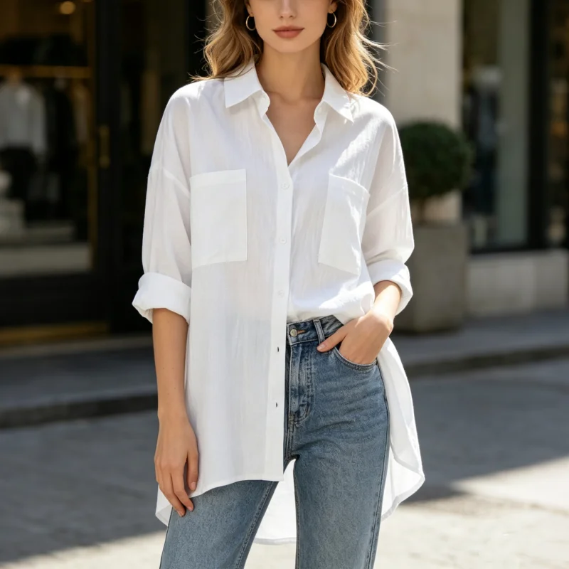 Spring Solid Color Office Lady Top Classic Turndown Collar Long Sleeve Casual Shirt Loose Fit Button Down Blouse with Pockets
Spring Solid Color Office Lady Top Classic Turndown Collar Long Sleeve Casual Shirt Loose Fit Button Down Blouse with Pockets