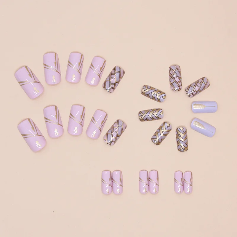24Pcs Long Coffin Press-on Nails: Wheat Grid Pattern on Lavender Base with Gold Lines - Rustic Elegant Style
24Pcs Long Coffin Press-on Nails: Wheat Grid Pattern on Lavender Base with Gold Lines - Rustic Elegant Style