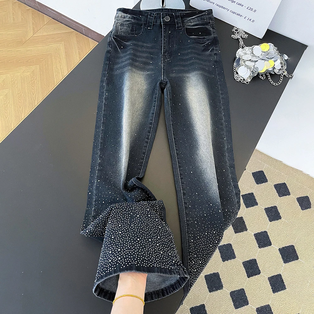 Trendy Diamonds Slim Falred Denim Pants for Women American Style Sparkly Rhinestone Vintage Blue Washed Jeans Fit Stretch Jeans
Trendy Diamonds Slim Falred Denim Pants for Women American Style Sparkly Rhinestone Vintage Blue Washed Jeans Fit Stretch Jeans