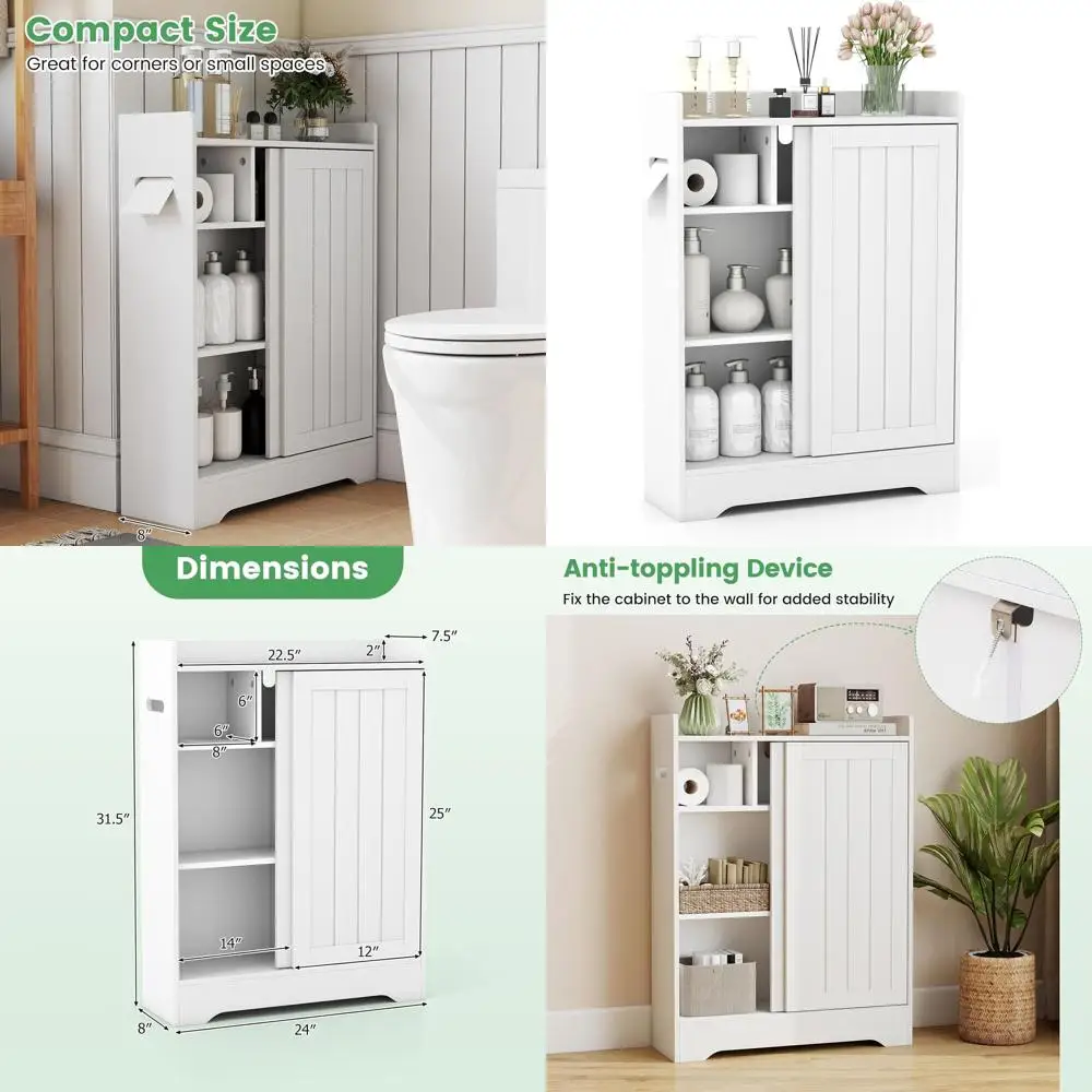 Slim White Floor Cabinet with 2 Sliding Doors, Adjustable Shelves, Toilet Paper Holders, and Brush Compartment for Small Bathroo
Slim White Floor Cabinet with 2 Sliding Doors, Adjustable Shelves, Toilet Paper Holders, and Brush Compartment for Small Bathroo
