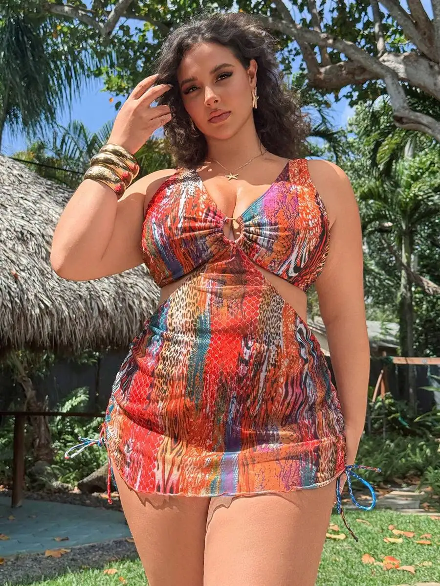 Plus Size Two Piece Swimsuit With Print Mesh Panel Drawstring Waist High Waisted Bikini For Women Beach Vacation
Plus Size Two Piece Swimsuit With Print Mesh Panel Drawstring Waist High Waisted Bikini For Women Beach Vacation