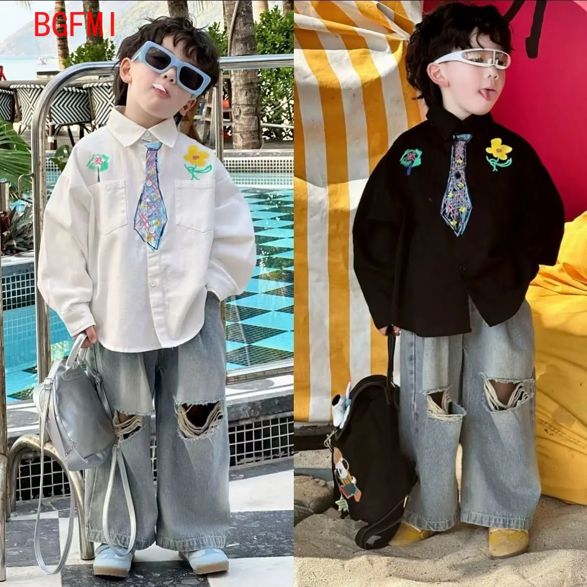 Boys Spring and Autumn Printed Fake Tie Shirt, Ripped Jeans 2-pcs Set New Graffiti Loose Fit Long Sleeve Thin Shirt Pant Suit
Boys Spring and Autumn Printed Fake Tie Shirt, Ripped Jeans 2-pcs Set New Graffiti Loose Fit Long Sleeve Thin Shirt Pant Suit
