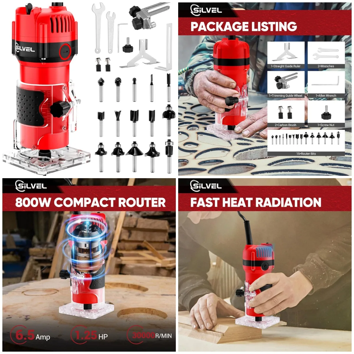 800W Wood Router, 6.5A 1.25HP, 30000RPM, Compact Edge Trimmer with 15-Piece 1/4' Bit Set, Red
800W Wood Router, 6.5A 1.25HP, 30000RPM, Compact Edge Trimmer with 15-Piece 1/4' Bit Set, Red