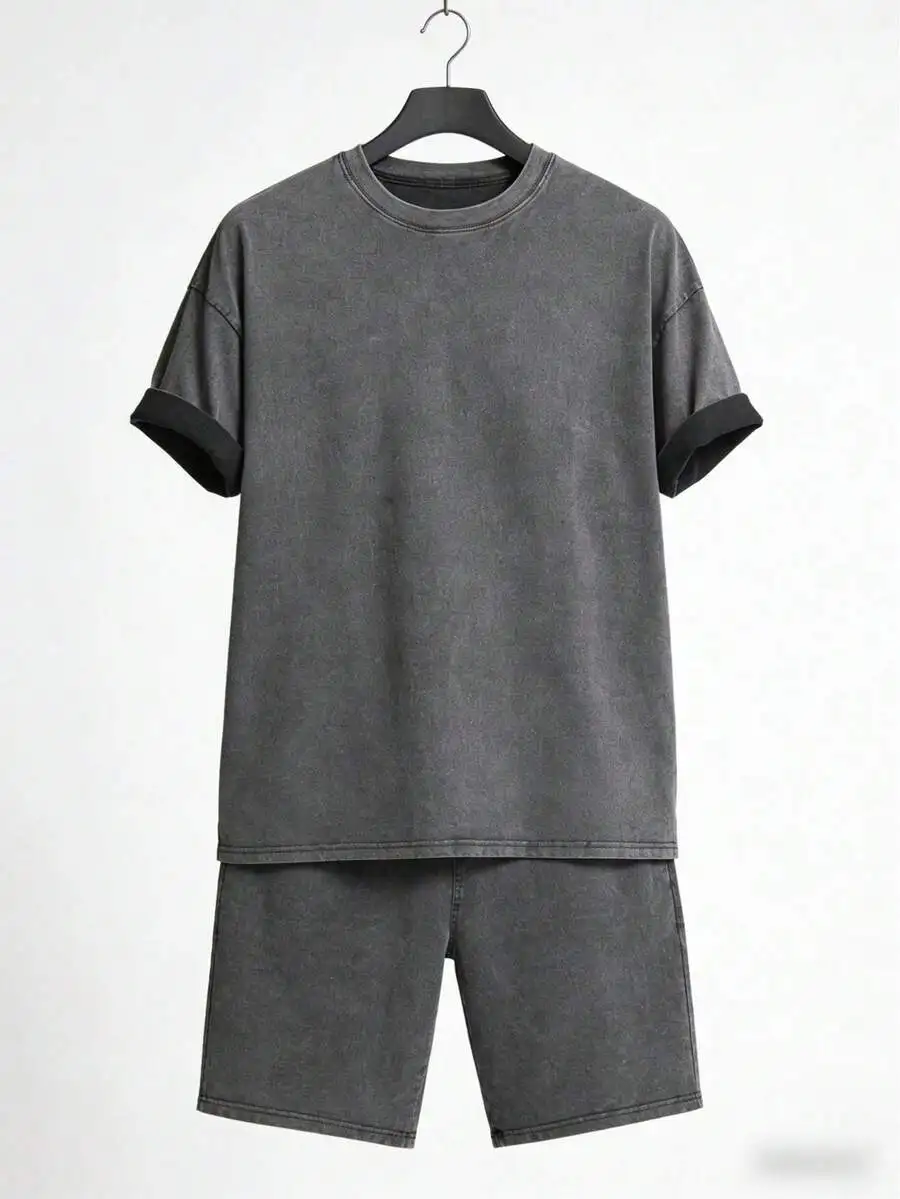 Washed Gray Oversized Two-Piece Set For Men: Crew Neck Tee With Rolled Sleeves And Loose Drawstring Shorts, Casual Streetwear
Washed Gray Oversized Two-Piece Set For Men: Crew Neck Tee With Rolled Sleeves And Loose Drawstring Shorts, Casual Streetwear