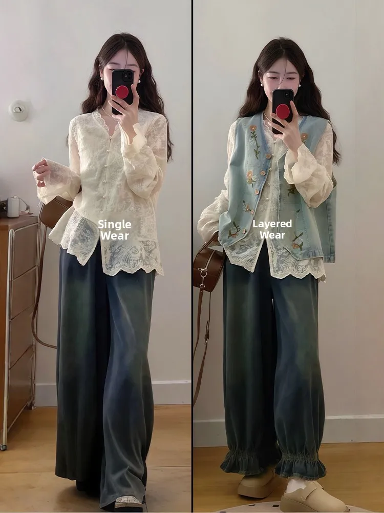 plus Size Autumn Fashion Three-Piece Set Embroidered Vest Hollow out Shirt Denim Pants High Waist Long Sleeve V-Neck Casual Wear
plus Size Autumn Fashion Three-Piece Set Embroidered Vest Hollow out Shirt Denim Pants High Waist Long Sleeve V-Neck Casual Wear