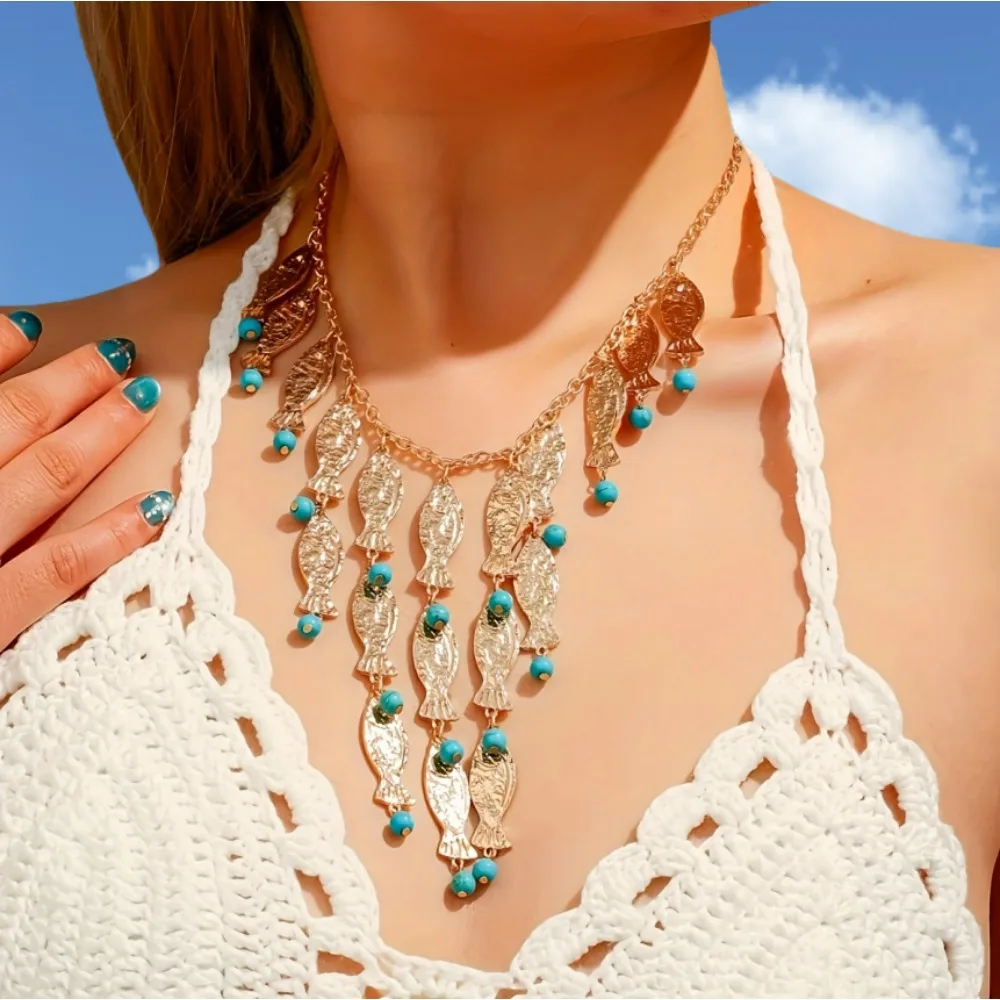Spring Summer Vacation Style Ocean Resort Ethnic Style Fish-shaped Long Tassels Imitation Turquoise Beads Personality Necklace
Spring Summer Vacation Style Ocean Resort Ethnic Style Fish-shaped Long Tassels Imitation Turquoise Beads Personality Necklace