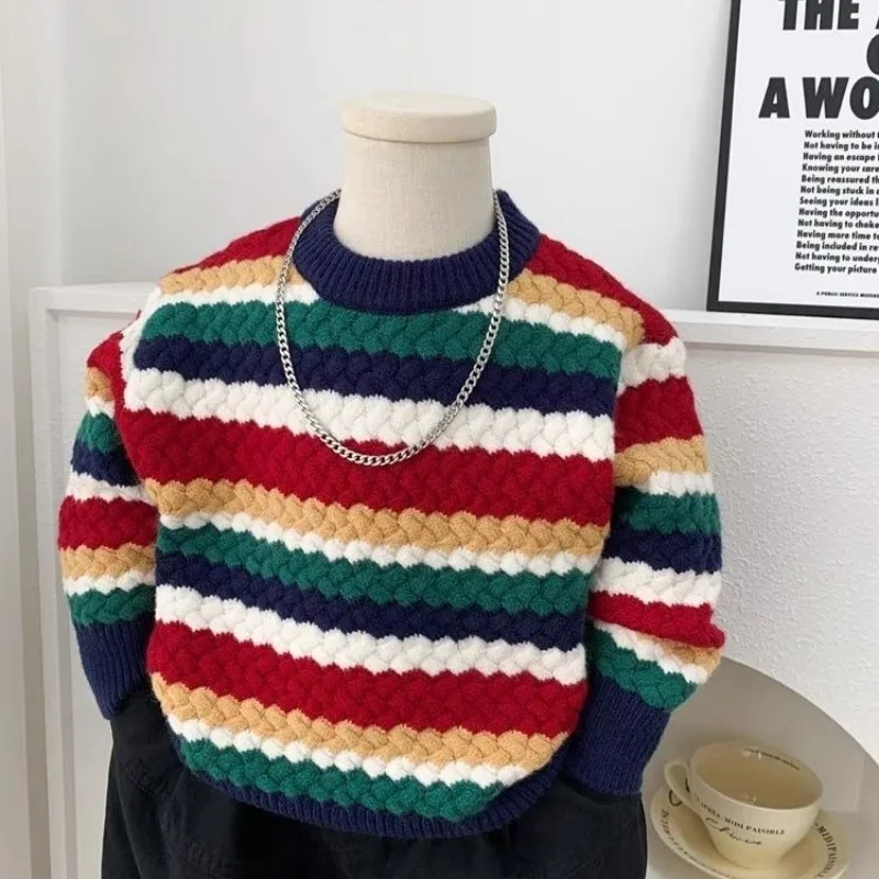 Autumn and Winter Boys' Sweater Wearing Thickened New Children's Bottom Shirt Children's Knitted Rainbow Sweater
Autumn and Winter Boys' Sweater Wearing Thickened New Children's Bottom Shirt Children's Knitted Rainbow Sweater