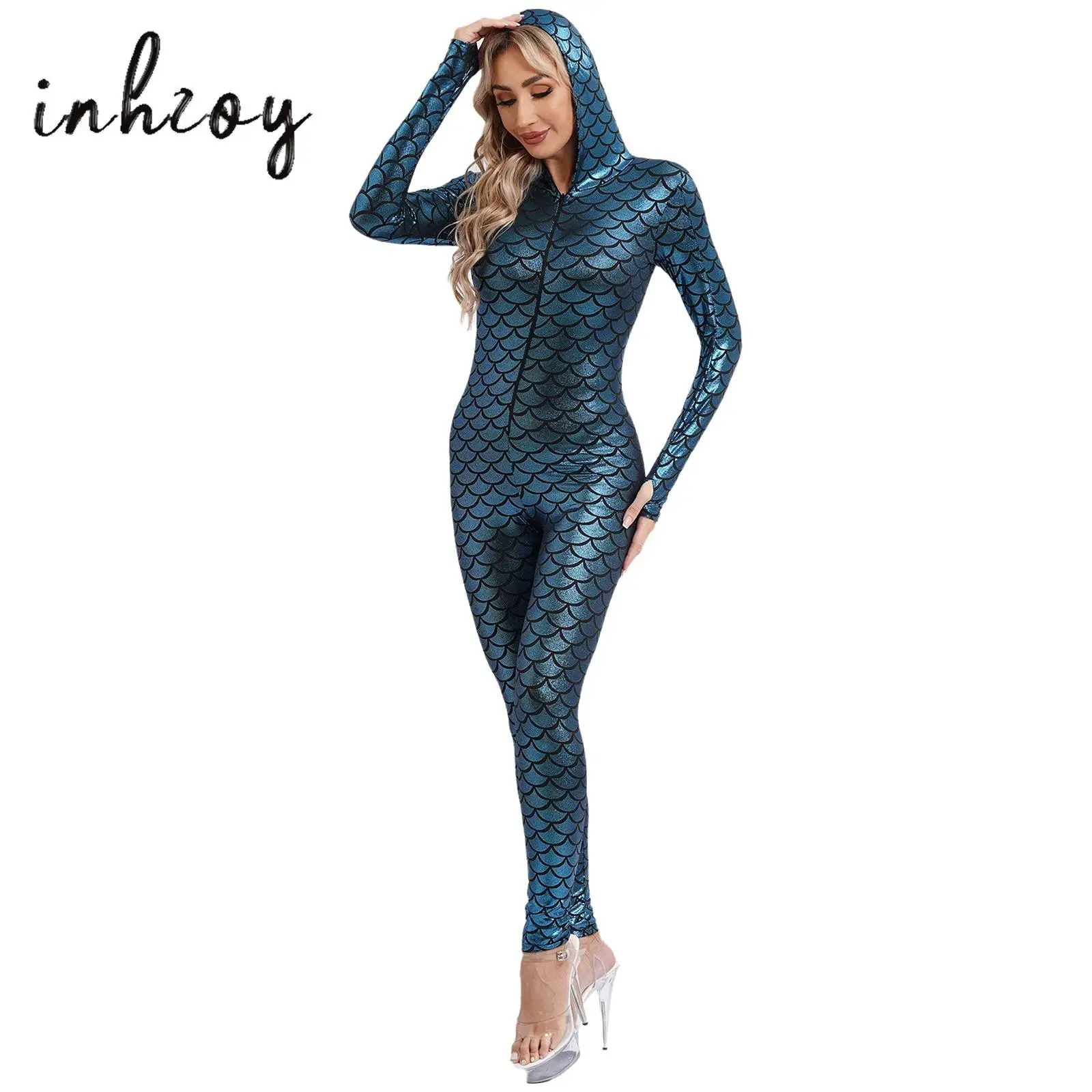 Womens Fishscale Print Hooded Jumpsuit Unitard Mermaid Cosplay Costume Metallic Long Sleeve Zipper Long Pants Full-body Leotard
Womens Fishscale Print Hooded Jumpsuit Unitard Mermaid Cosplay Costume Metallic Long Sleeve Zipper Long Pants Full-body Leotard